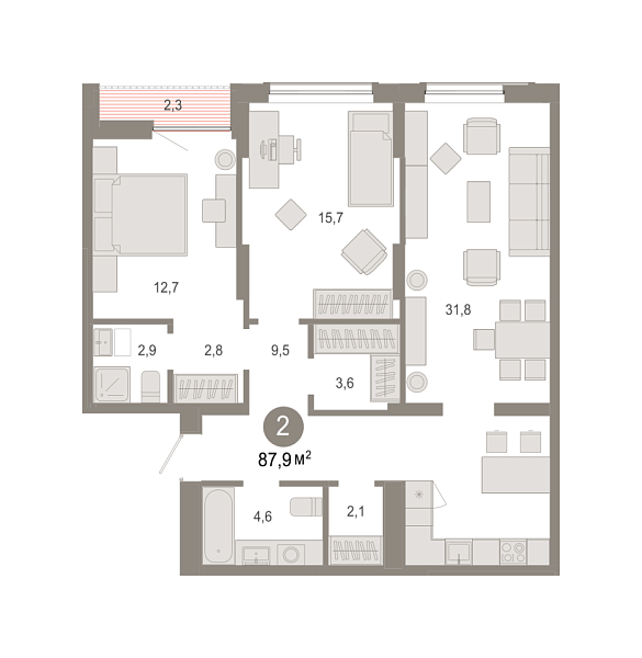 Новая 2-к квартира
 87.86 м² на 8/17 этаже в ЖК «Октябрьский на Туре» в городе Тюмень 