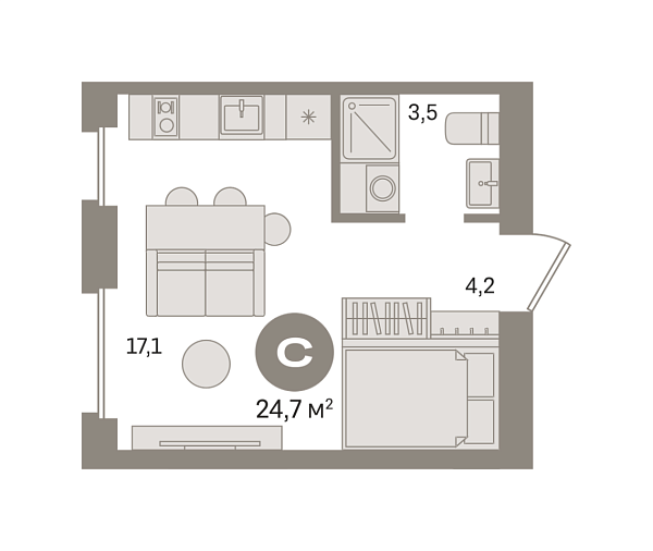 Новая квартира-студия
 24.68 м² на 2/8 этаже в ЖК «Первый квартал» в городе Тюмень 