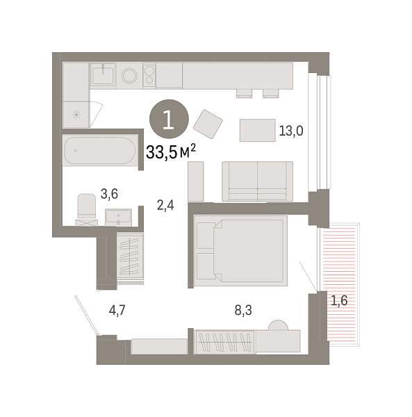 Новая 1-к квартира
 33.53 м² на 17/25 этаже в ЖК «Зарека» в городе Тюмень 