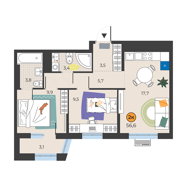 Новая 2-к квартира
 54.4 м² на 23/25 этаже в ЖК «Корней» в городе Тюмень 