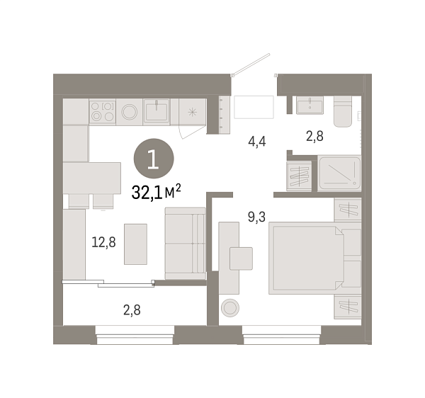 Новая 1-к квартира
 32.07 м² на 8/9 этаже в ЖК «Октябрьский на Туре» в городе Тюмень 