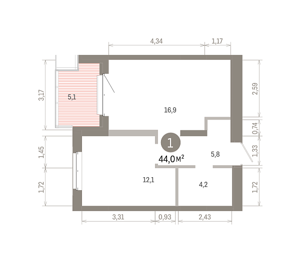 Количество комнат: 1,  44.03 кв.м.