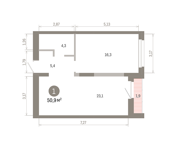 Количество комнат: 1,  50.88 кв.м.