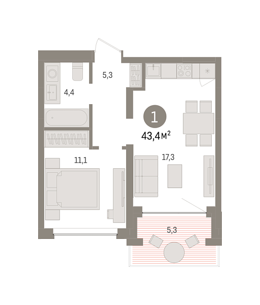 Новая 1-к квартира
 43.38 м² на 4/7 этаже в ЖК «Европейский квартал» в городе Тюмень 