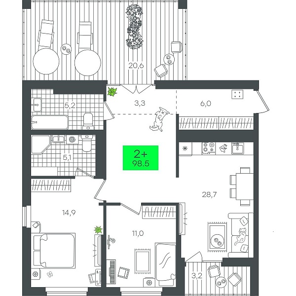 Количество комнат: 2,  98.56 кв.м.