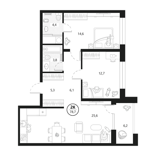 Новая 2-к квартира
 78.7 м² на 9/22 этаже в ЖК «Маэстро» в городе Тюмень 