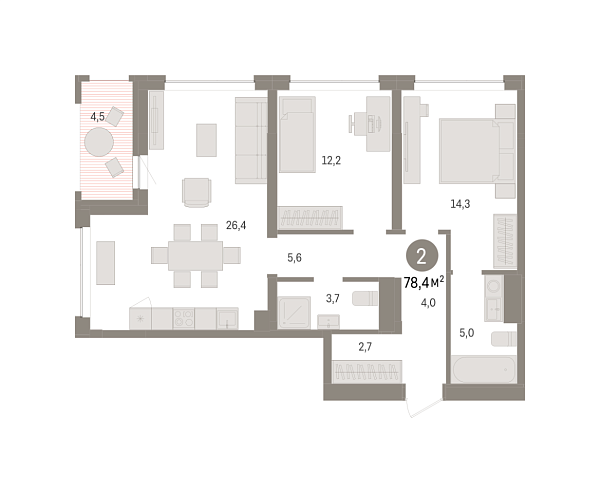 Новая 2-к квартира
 78.37 м² на 6/8 этаже в ЖК «Европейский квартал» в городе Тюмень 