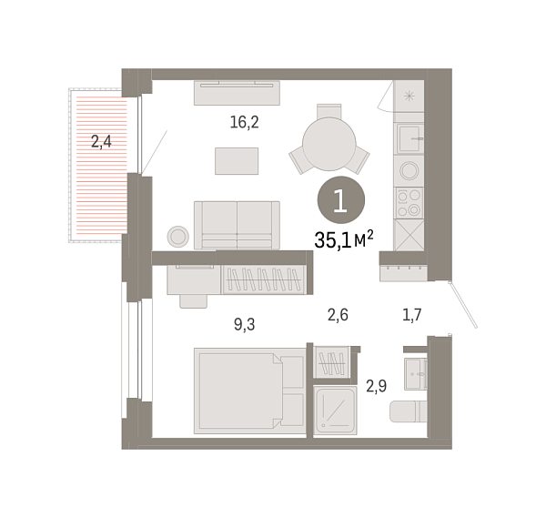 Новая 1-к квартира
 35.06 м² на 6/8 этаже в ЖК «Зарека» в городе Тюмень 