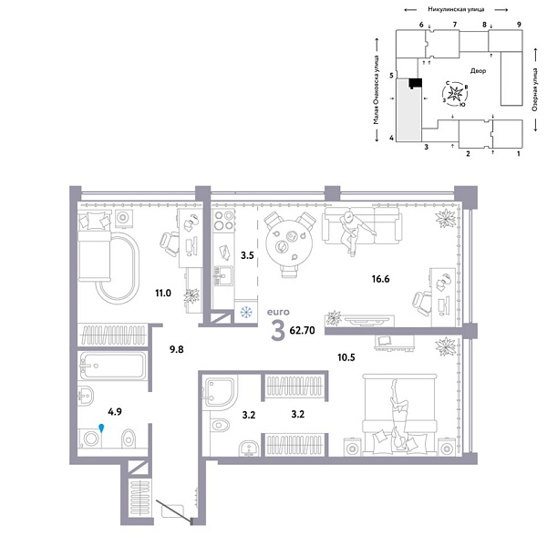 Новая 3-к квартира
 62.7 м² на 18/30 этаже в ЖК «Страна.Озёрная» в городе Тюмень 