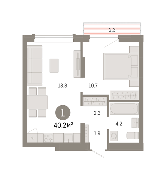 Новая 1-к квартира
 40.18 м² на 7/8 этаже в ЖК «Октябрьский на Туре» в городе Тюмень 
