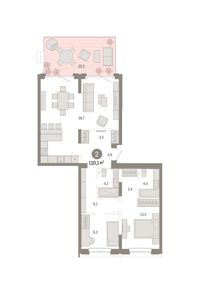 Новая 2-к квартира
 110.06 м² на 2/7 этаже в ЖК «Кварталы «На Минской»» в городе Тюмень 