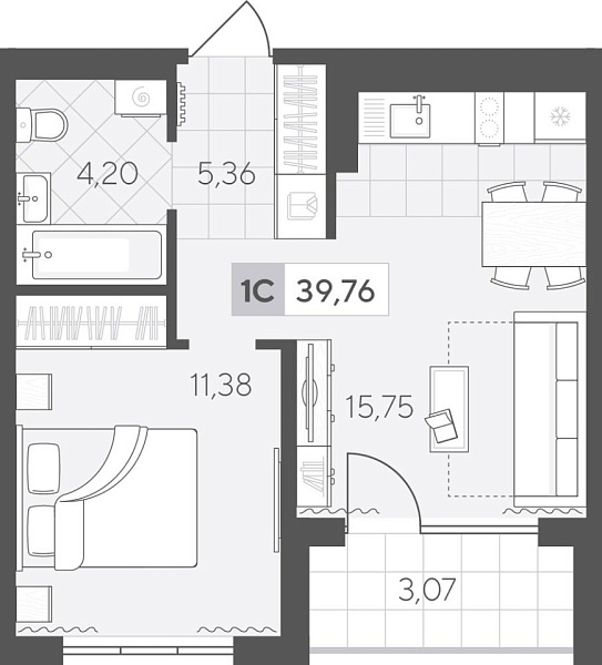 Новая 1-к квартира
 39.77 м² на 2/4 этаже в ЖК «Скандиа. Квартал у Озера» в городе Тюмень 