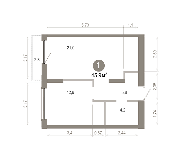 Количество комнат: 1,  45.93 кв.м.