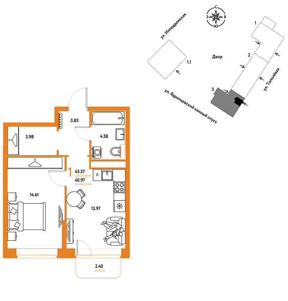 Новая 1-к квартира
 43.37 м² на 5/9 этаже в ЖК «Страна.Тополёвая» в городе Тюмень 