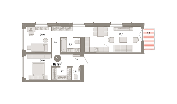 Новая 2-к квартира
 68.48 м² на 5/7 этаже в ЖК «Республики 205» в городе Тюмень 
