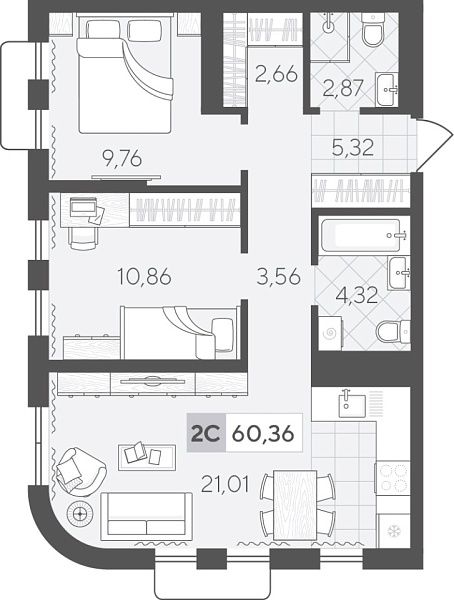 Новая 2-к квартира
 60.36 м² на 16/17 этаже в ЖК «Скандиа. Квартал в Комарово Парк» в городе Тюмень 