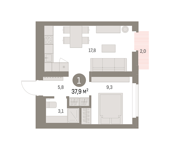 Новая 1-к квартира
 39.41 м² на 3/9 этаже в ЖК «Брусника в Академическом» в городе Тюмень 