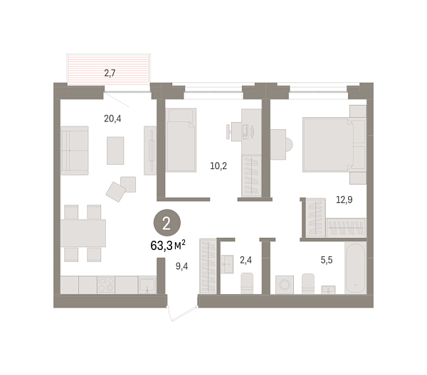 Новая 2-к квартира
 63.3 м² на 3/9 этаже в ЖК «Речной порт» в городе Тюмень 
