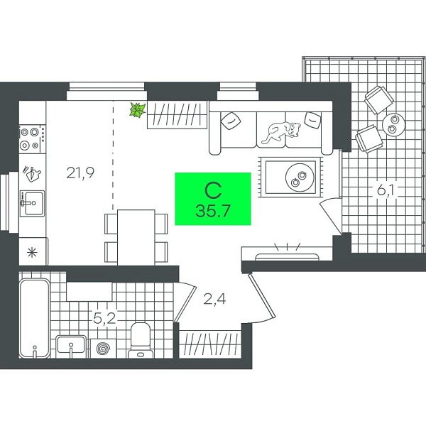 Новая квартира-студия
 35.78 м² на 8/12 этаже в ЖК «Гранд Квартал» в городе Тюмень 