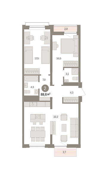 Новая 2-к квартира
 88.6 м² на 7/8 этаже в ЖК «Речной порт» в городе Тюмень 