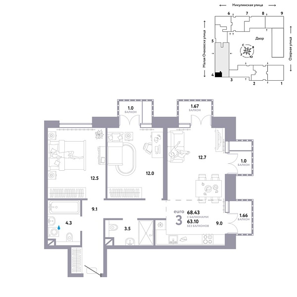 Новая 3-к квартира
 68.43 м² на 7/30 этаже в ЖК «Страна.Озёрная» в городе Тюмень 