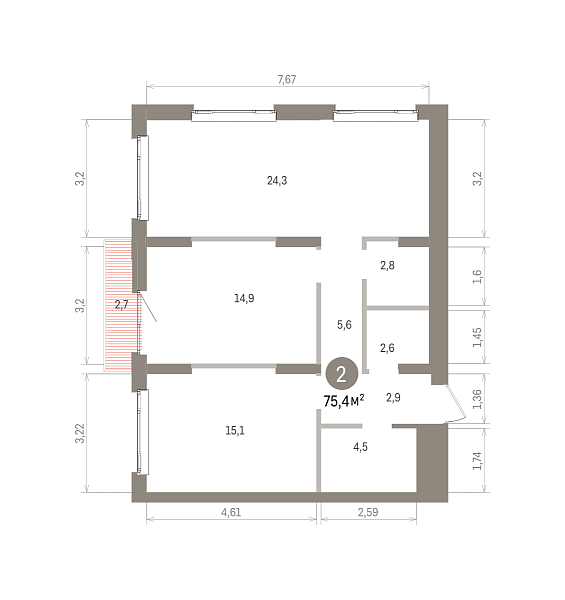 Количество комнат: 2,  75.4 кв.м.