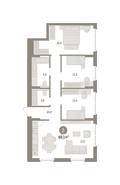 Новая 3-к квартира
 89.12 м² на 1/8 этаже в ЖК «Брусника в Новоселье» в городе Тюмень 