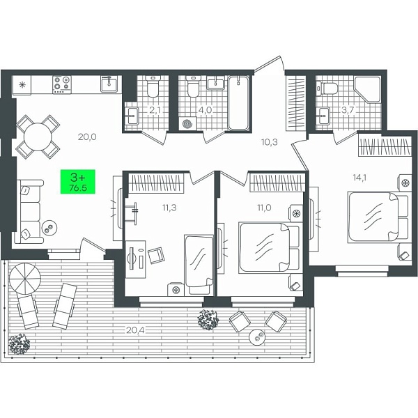 Новая 3-к квартира
 76.5 м² на 1/16 этаже в ЖК «ЖК Андерсен Парк» в городе Тюмень 