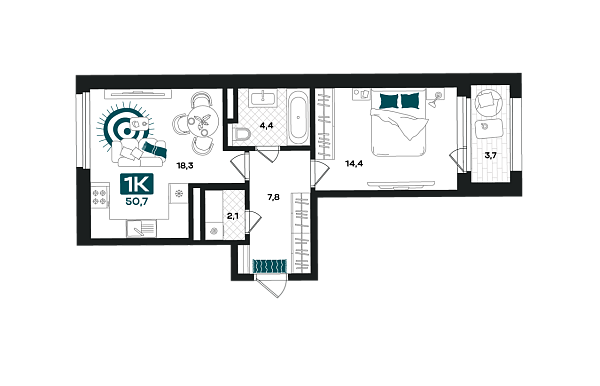 Новая 1-к квартира
 50.7 м² на 2/23 этаже в ЖК «Добро» в городе Тюмень 