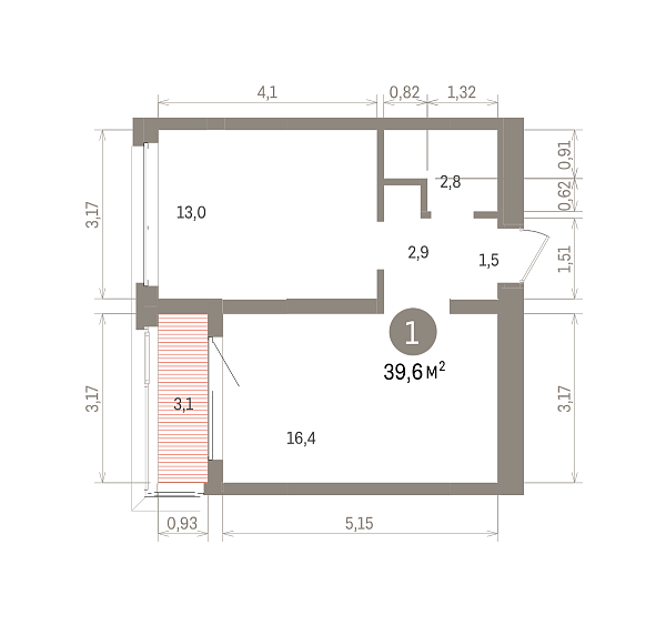 Количество комнат: 1,  39.57 кв.м.