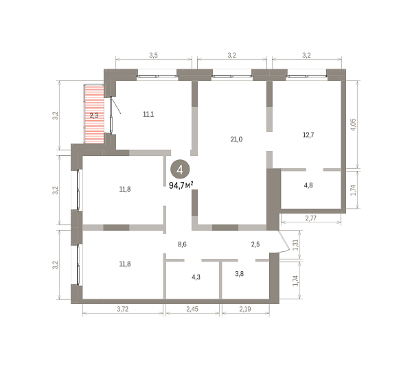 Количество комнат: 4,  94.7 кв.м.