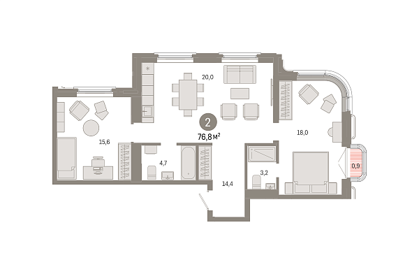 Новая 2-к квартира
 76.8 м² на 7/9 этаже в ЖК «На Некрасова» в городе Тюмень 