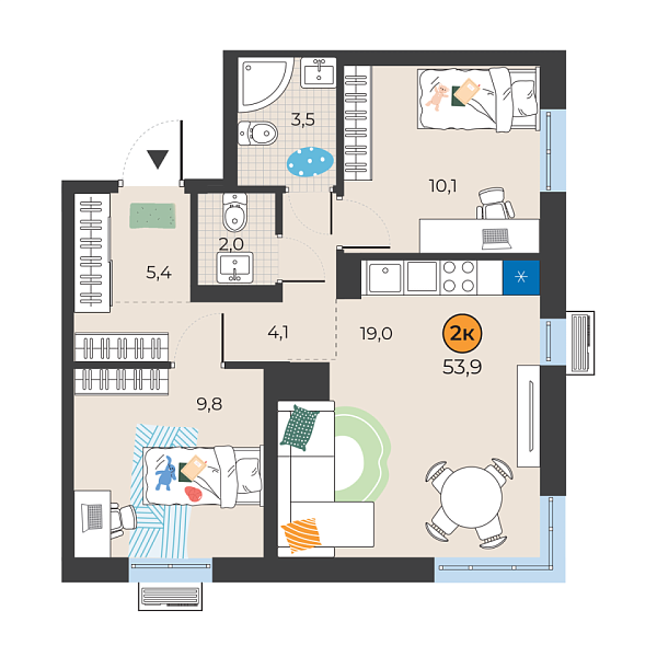 Новая 2-к квартира
 53.9 м² на 17/25 этаже в ЖК «Корней» в городе Тюмень 