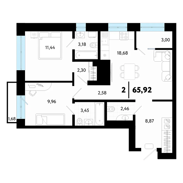 Новая 2-к квартира
 65.92 м² на 15/24 этаже в ЖК «Квартал в Гагаринском парке» в городе Тюмень 