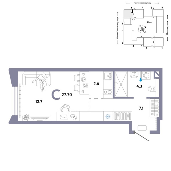 Новая квартира-студия
 27.7 м² на 27/30 этаже в ЖК «Страна.Озёрная» в городе Тюмень 