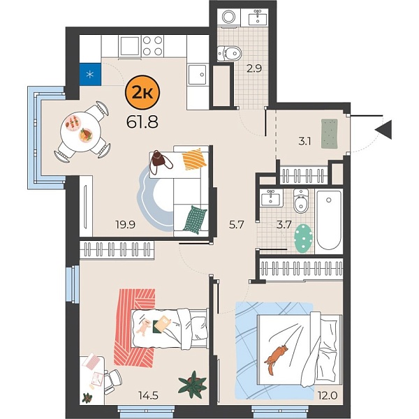 Новая 2-к квартира
 61.8 м² на 3/25 этаже в ЖК «Корней» в городе Тюмень 