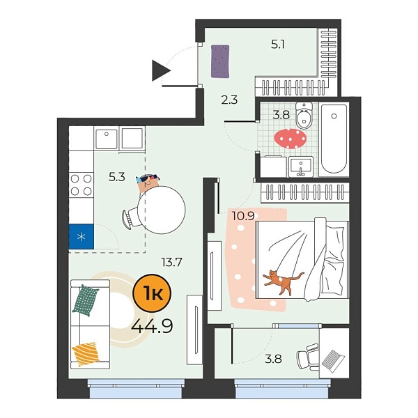 Новая 1-к квартира
 44.9 м² на 3/14 этаже в ЖК «Корней» в городе Тюмень 