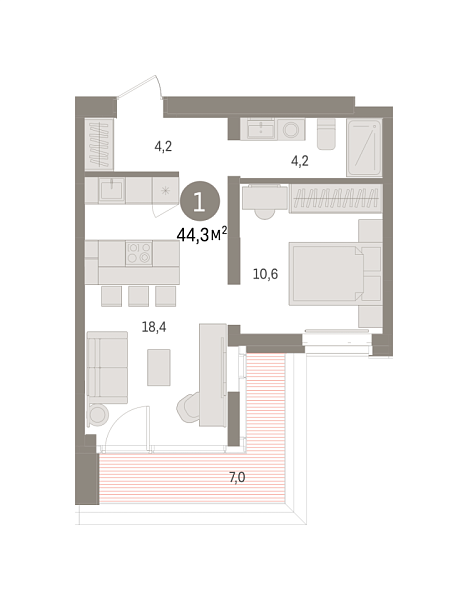 Новая 1-к квартира
 44.32 м² на 15/16 этаже в ЖК «Кварталы «На Минской»» в городе Тюмень 