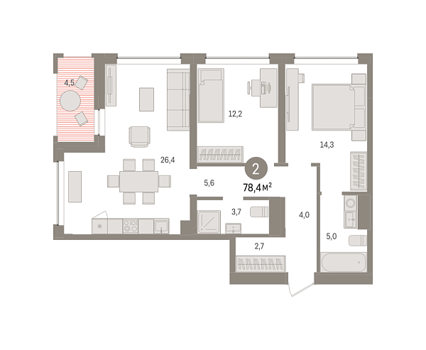 Новая 2-к квартира
 78.37 м² на 5/8 этаже в ЖК «Европейский квартал» в городе Тюмень 