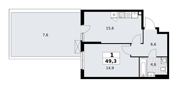 Новая 1-к квартира
 49.3 м² на 2/18 этаже в ЖК «Дзен-кварталы» в городе Тюмень 