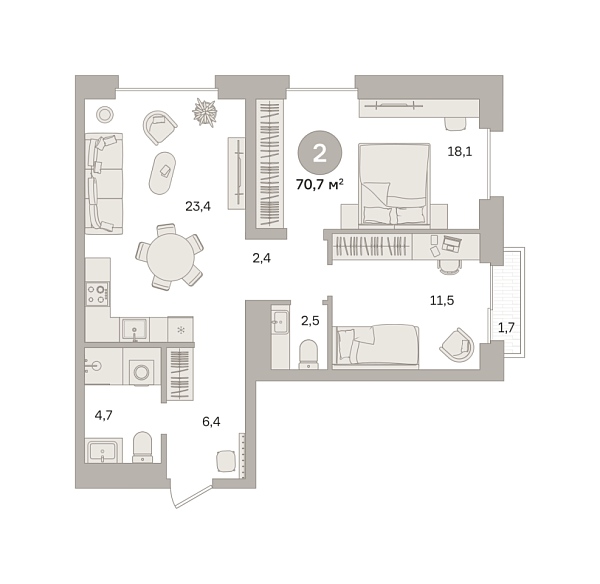 Новая 2-к квартира
 70.67 м² на 23/25 этаже в ЖК «Квартал «МОНС»» в городе Тюмень 