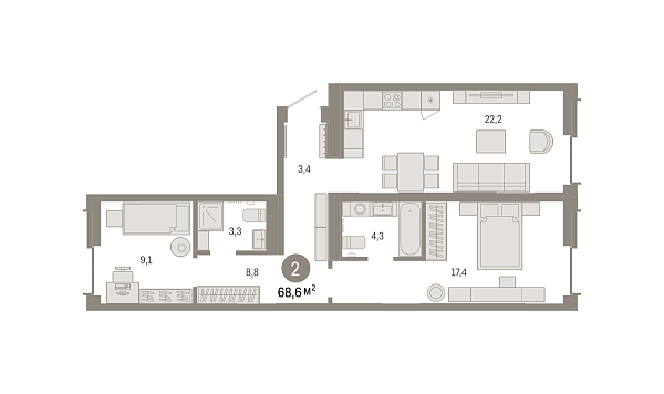 Новая 2-к квартира
 68.59 м² на 2/7 этаже в ЖК «Республики 205» в городе Тюмень 