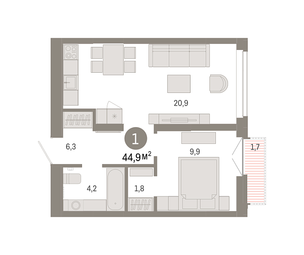 Новая 1-к квартира
 44.87 м² на 7/7 этаже в ЖК «Республики 205» в городе Тюмень 