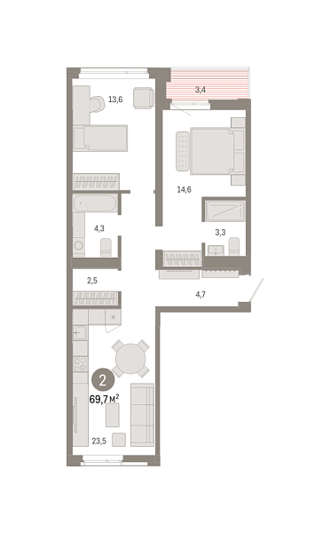 Новая 2-к квартира
 69.73 м² на 9/9 этаже в ЖК «Республики 205» в городе Тюмень 