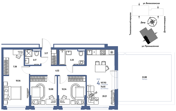 Новая 4-к квартира
 107.93 м² на 18/20 этаже в ЖК «Страна.Прибрежная» в городе Тюмень 