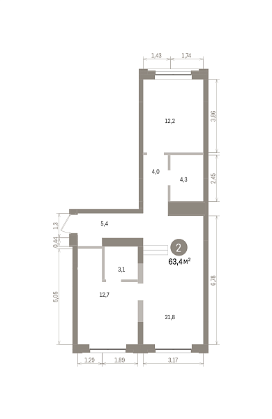 Количество комнат: 2,  63.4 кв.м.