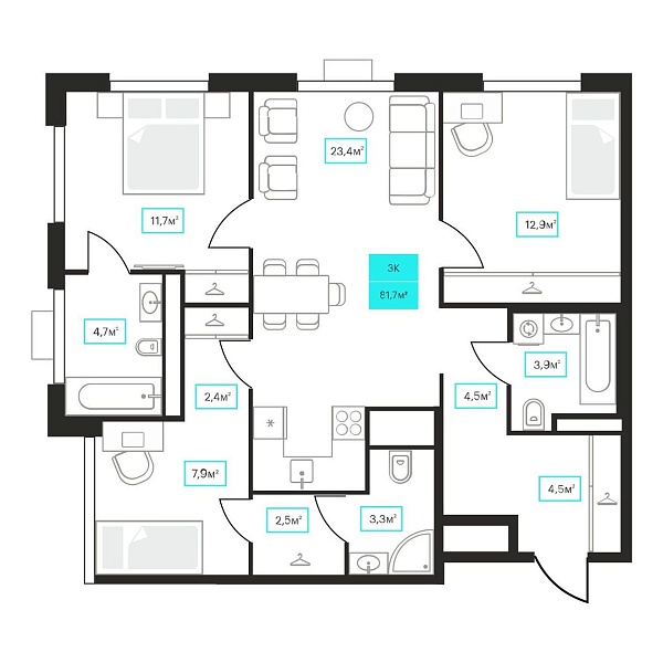 Количество комнат: 3,  81.7 кв.м.