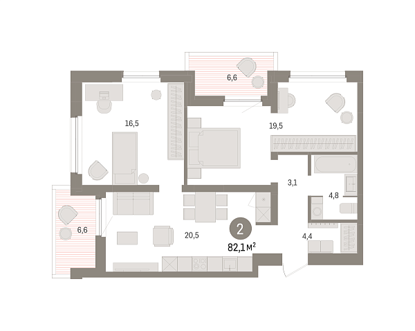 Новая 2-к квартира
 82.08 м² на 6/8 этаже в ЖК «Зарека» в городе Тюмень 
