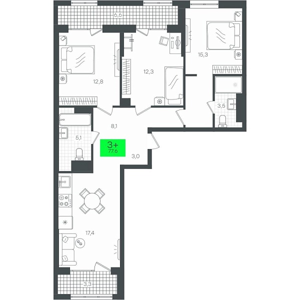 Новая 3-к квартира
 87.7 м² на 3/16 этаже в ЖК «Гранд Квартал» в городе Тюмень 