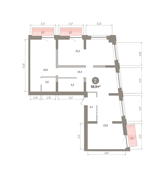Количество комнат: 2,  98.6 кв.м.